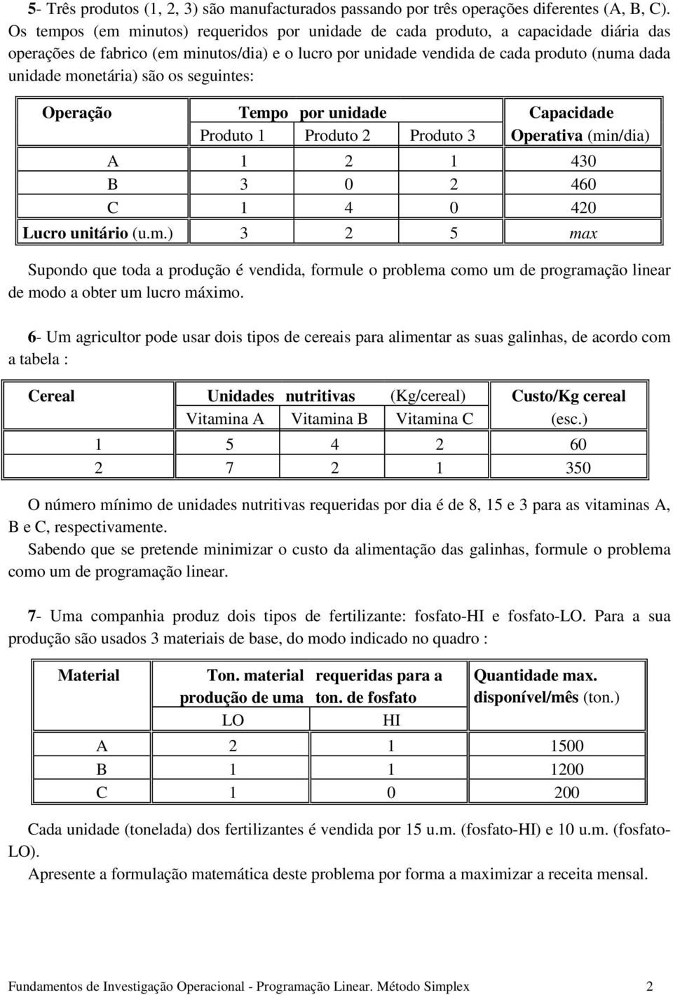 monetária) são os seguintes: Operação Tempo por unidade Capacidade Produto 1 Produto 2 Produto 3 Operativa (min/dia) A 1 2 1 430 B 3 0 2 460 C 1 4 0 420 Lucro unitário (u.m.) 3 2 5 max Supondo que toda a produção é vendida, formule o problema como um de programação linear de modo a obter um lucro máximo.