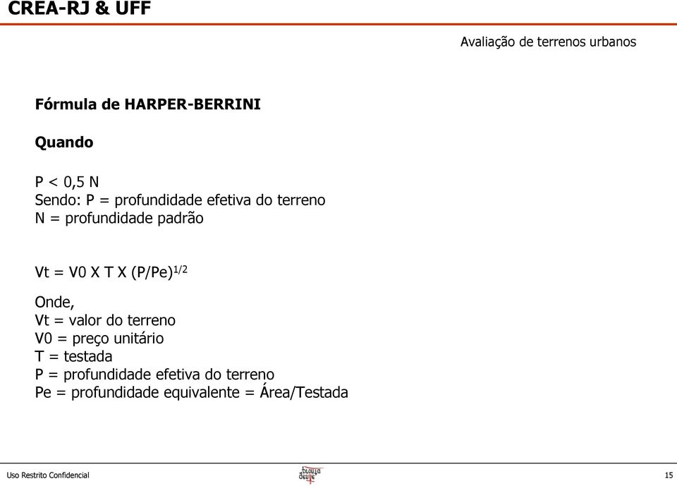 T X (P/Pe) 1/2 Onde, Vt = valor do terreno V0 = preço unitário T = testada P