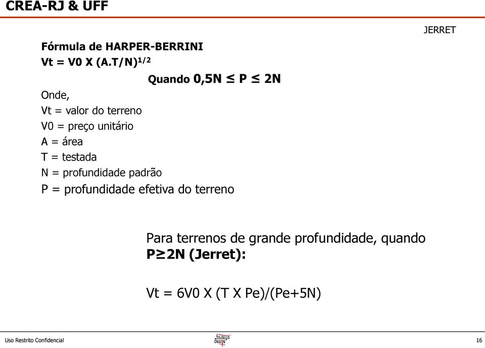 Onde, Vt = valor do terreno V0 = preço unitário A = área T = testada N =