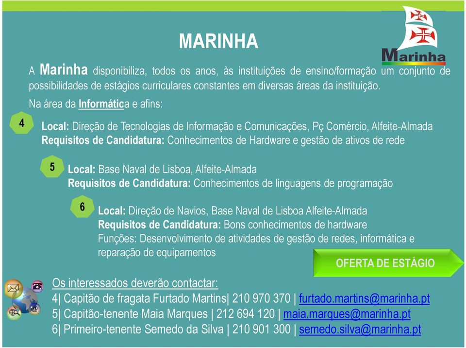 5 Local: Base Naval de Lisboa, Alfeite-Almada Requisitos de Candidatura: Conhecimentos de linguagens de programação 6 Local: Direção de Navios, Base Naval de Lisboa Alfeite-Almada Requisitos de