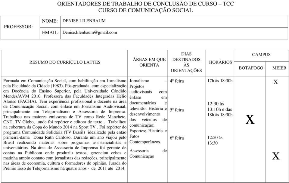 Tem experiência profissional e docente na área de Comunicação Social, com ênfase em Jornalismo Audiovisual, principalmente em Telejornalismo e Assessoria de Imprensa.