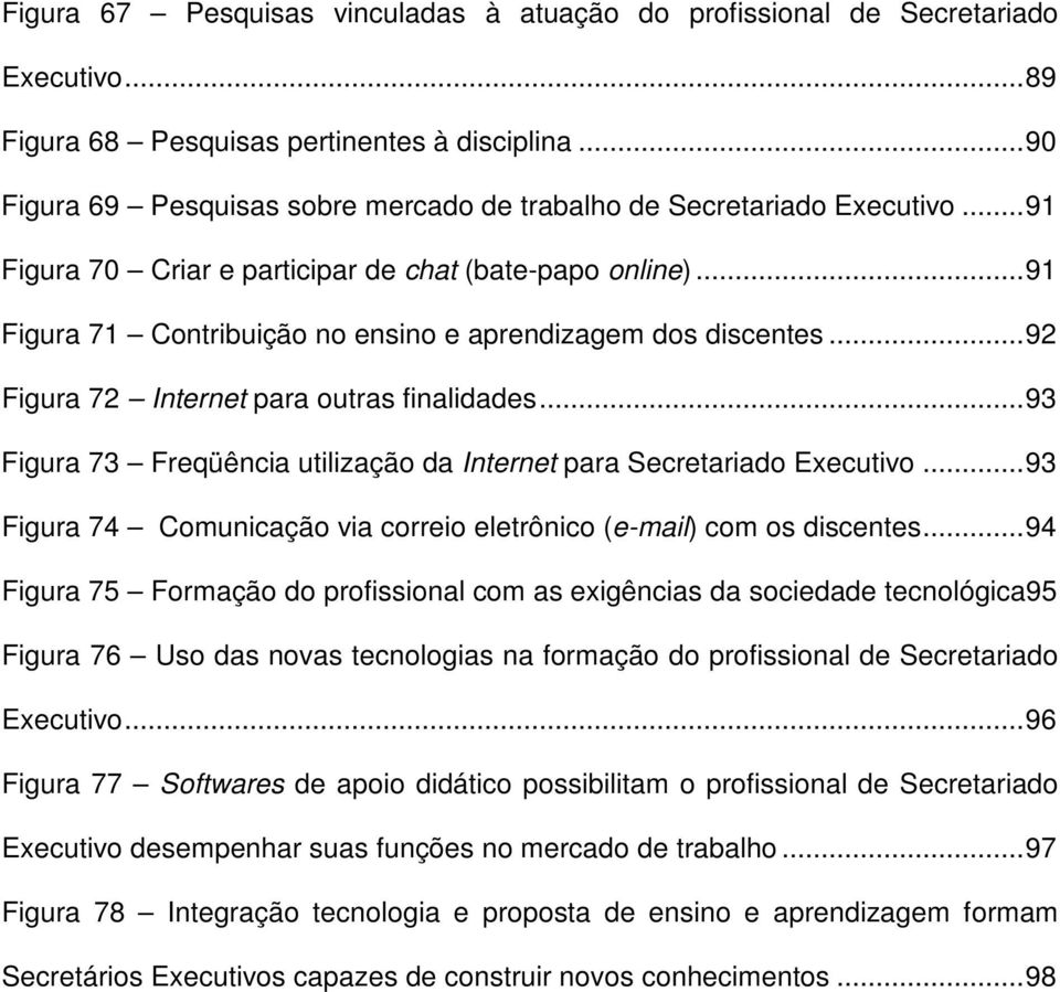 ..91 Figura 71 Contribuição no ensino e aprendizagem dos discentes...92 Figura 72 Internet para outras finalidades...93 Figura 73 Freqüência utilização da Internet para Secretariado Executivo.