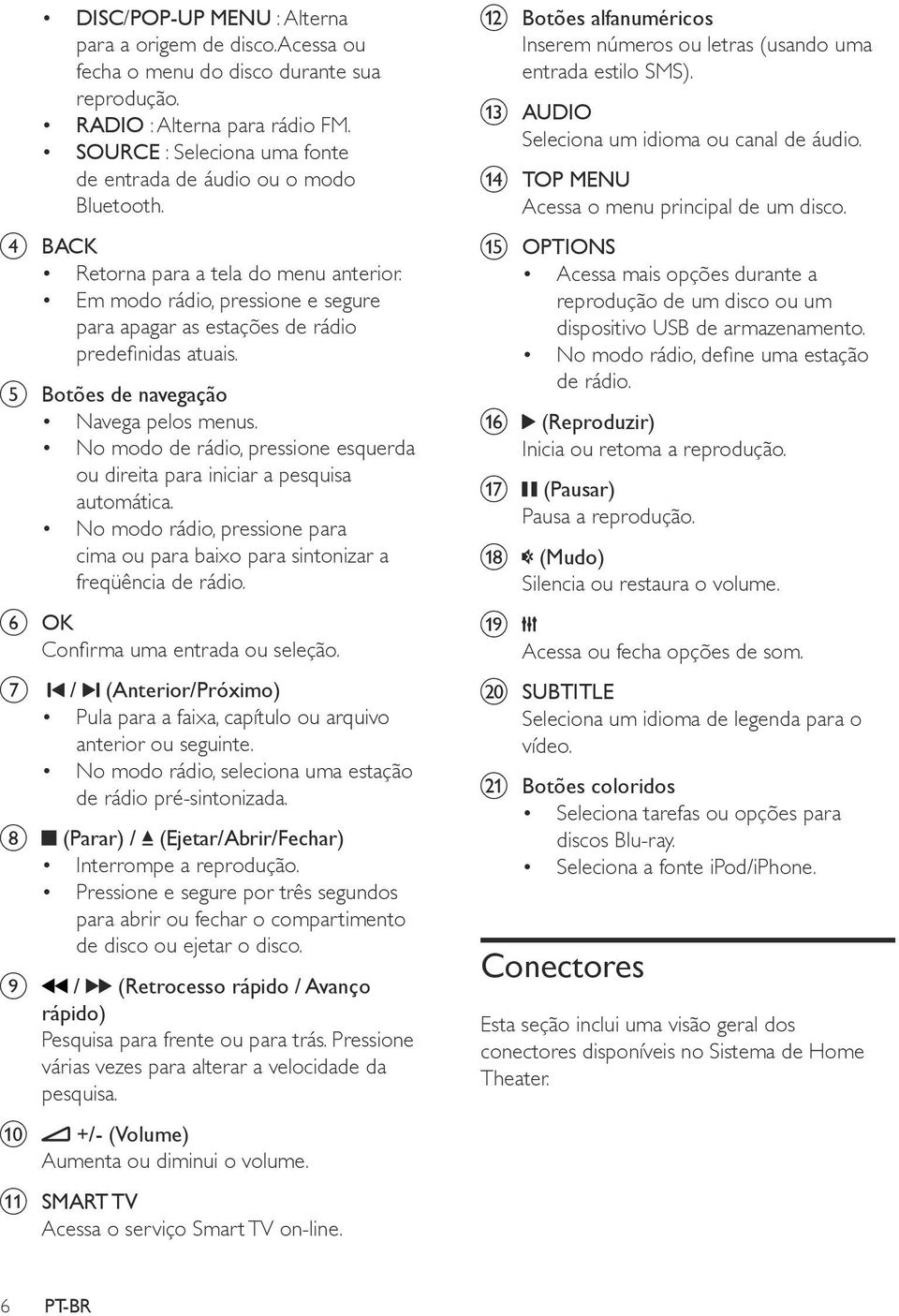 Em modo rádio, pressione e segure para apagar as estações de rádio predefinidas atuais. e Botões de navegação Navega pelos menus.