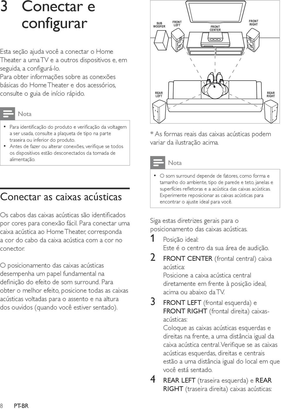 REAR LEFT REAR RIGHT Nota Para identificação do produto e verificação da voltagem a ser usada, consulte a plaqueta de tipo na parte traseira ou inferior do produto.