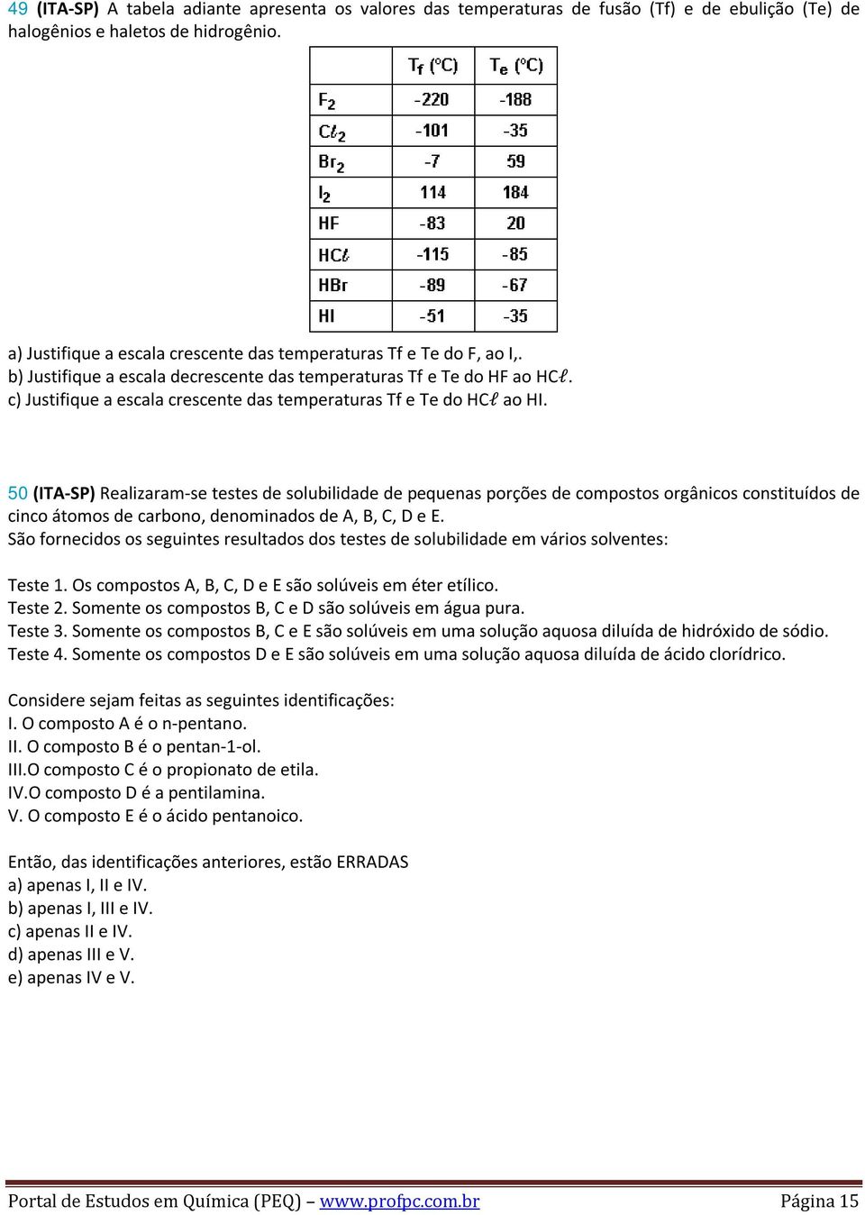 c) Justifique a escala crescente das temperaturas Tf e Te do HCl ao HI.