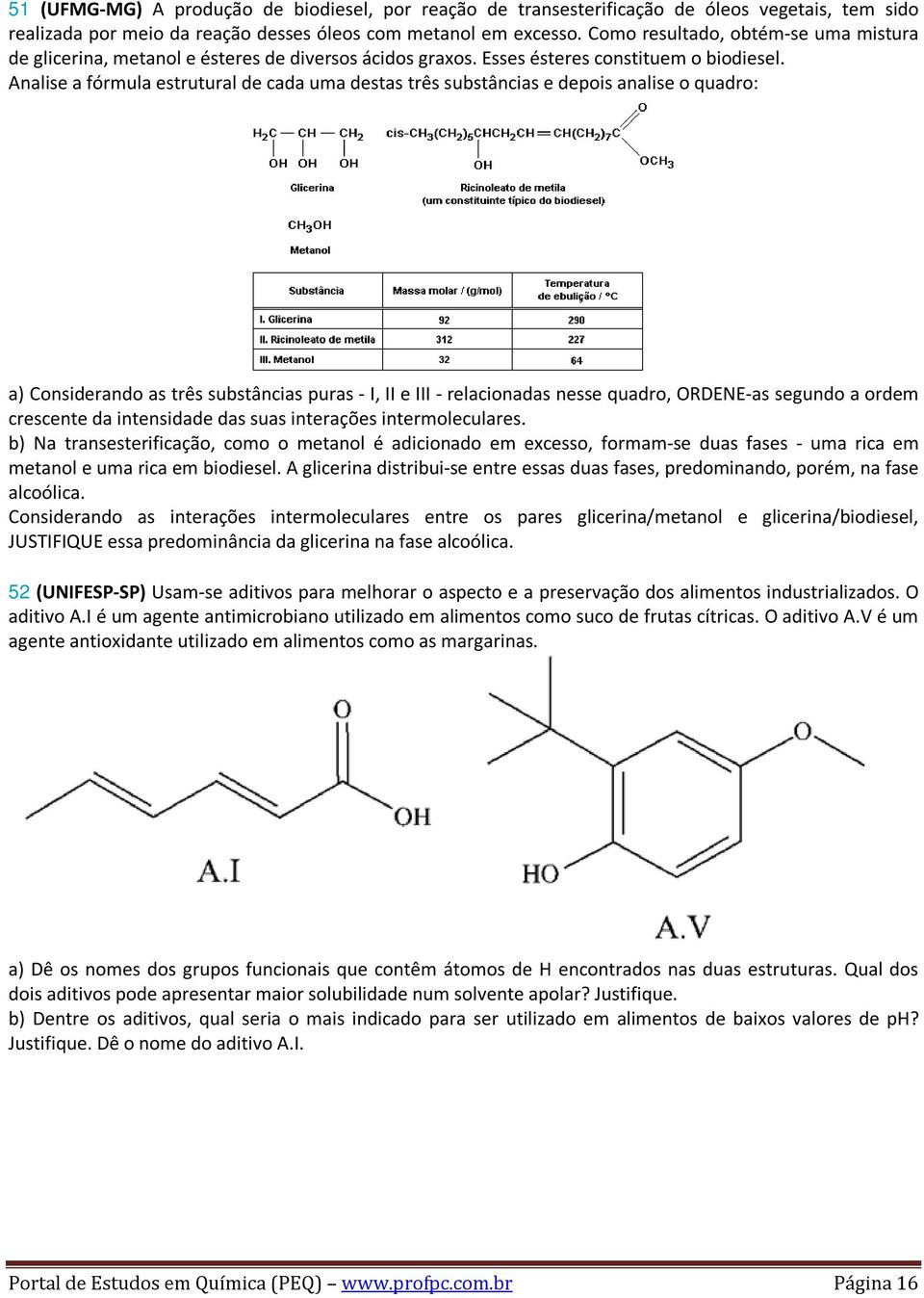 Analise a fórmula estrutural de cada uma destas três substâncias e depois analise o quadro: a) Considerando as três substâncias puras - I, II e III - relacionadas nesse quadro, ORDENE-as segundo a