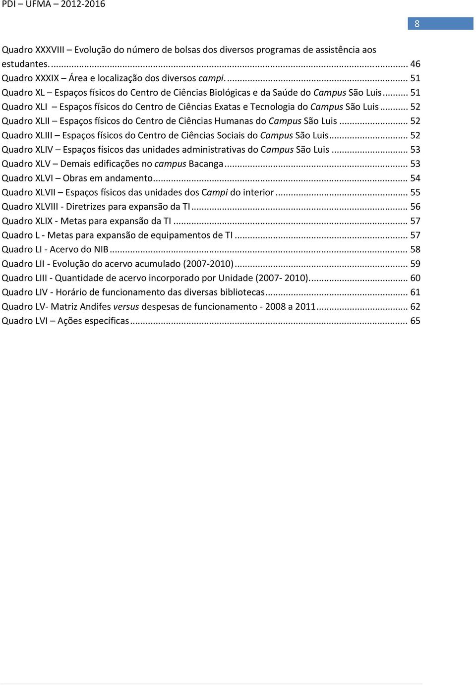 .. 52 Quadro XLII Espaços físicos do Centro de Ciências Humanas do Campus São Luis... 52 Quadro XLIII Espaços físicos do Centro de Ciências Sociais do Campus São Luis.