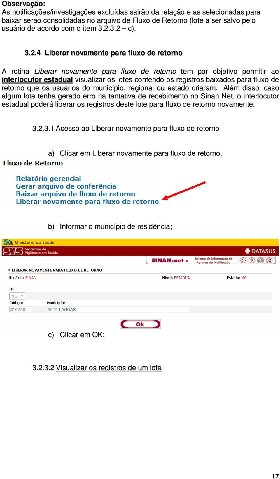 3.2 c). 3.2.4 Liberar novamente para fluxo de retorno A rotina Liberar novamente para fluxo de retorno tem por objetivo permitir ao interlocutor estadual visualizar os lotes contendo os registros