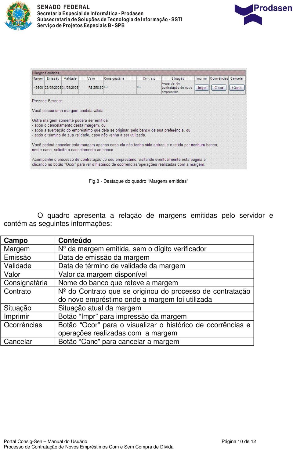 margem disponível Nome do banco que reteve a margem Nº do Contrato que se originou do processo de contratação do novo empréstimo onde a margem foi utilizada Situação atual da margem Botão