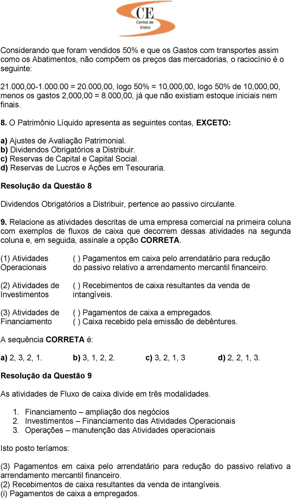 b) Dividendos Obrigatórios a Distribuir. c) Reservas de Capital e Capital Social. d) Reservas de Lucros e Ações em Tesouraria.