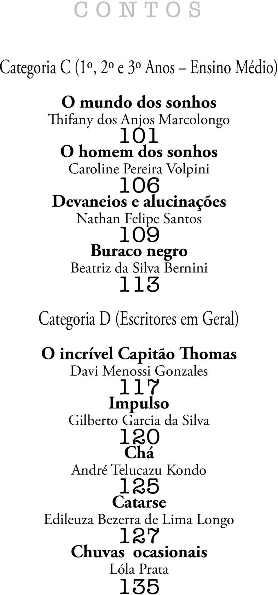 Bernini 113 Categoria D (Escritores em Geral) O incrível Capitão Thomas Davi Menossi Gonzales 117 Impulso Gilberto