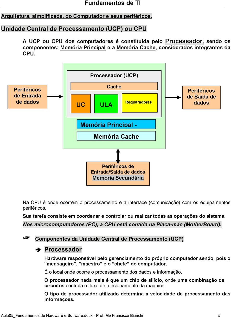 Processador (UCP) Periféricos de Entrada de dados Registradores UC ULA Cache Registradores Periféricos de Saída de dados Memória Principal - RAM Memória Cache Periféricos de Entrada/Saída de dados