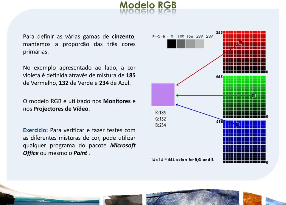 234 de Azul. O modelo RGB é utilizado nos Monitores e nos Projectores de Vídeo.