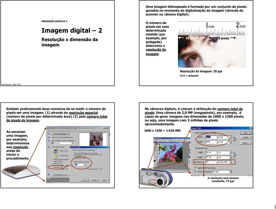 25 pixels 25 pixels Resolução da imagem: 25 ppi Inch = polegada Existem praticamente duas maneiras de se medir o número de pixels em uma imagem: (1) através da resolução espacial (número de pixels