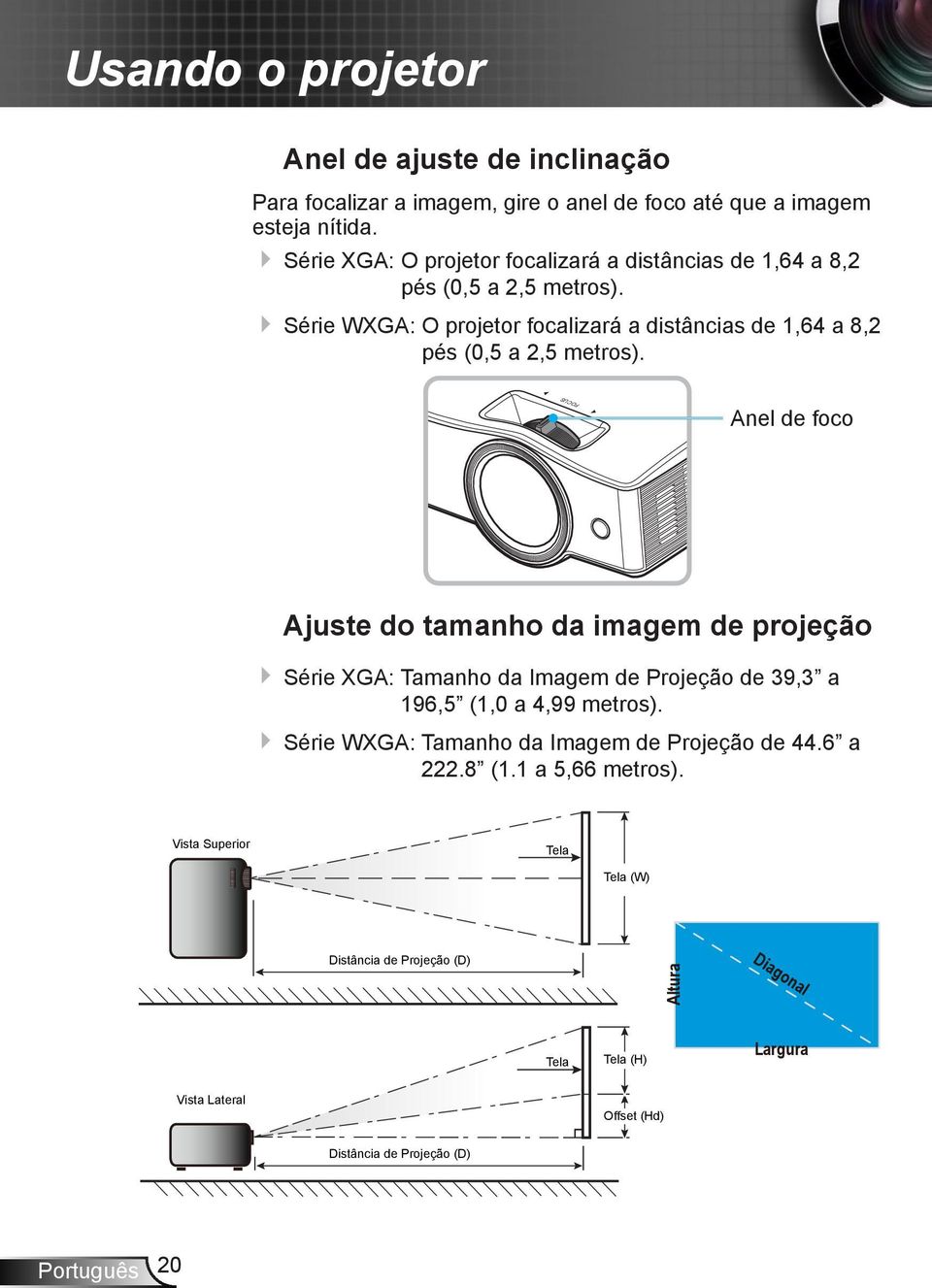 Série WXGA: O projetor focalizará a distâncias de 1,64 a 8,2 pés (0,5 a 2,5 metros).