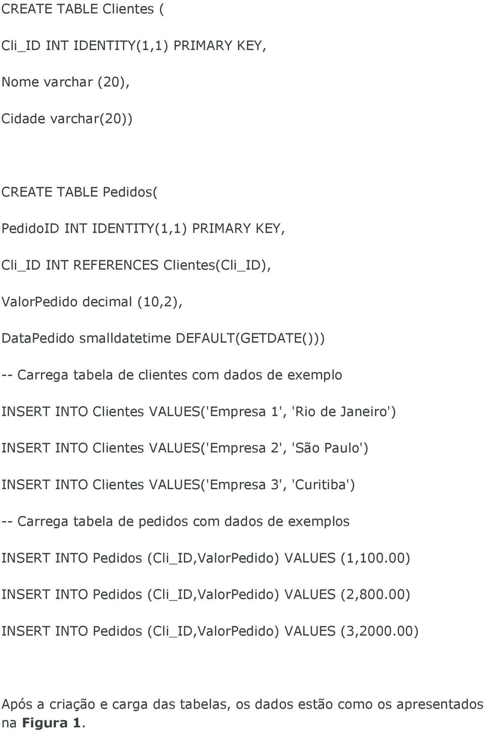 Janeiro') INSERT INTO Clientes VALUES('Empresa 2', 'São Paulo') INSERT INTO Clientes VALUES('Empresa 3', 'Curitiba') -- Carrega tabela de pedidos com dados de exemplos INSERT INTO Pedidos