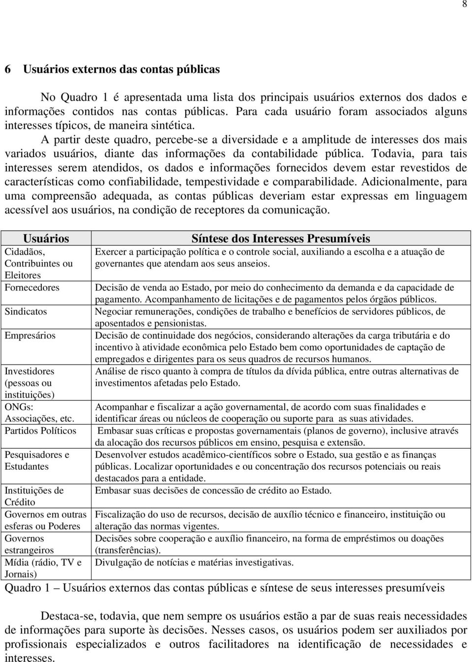 A partir deste quadro, percebe-se a diversidade e a amplitude de interesses dos mais variados usuários, diante das informações da contabilidade pública.