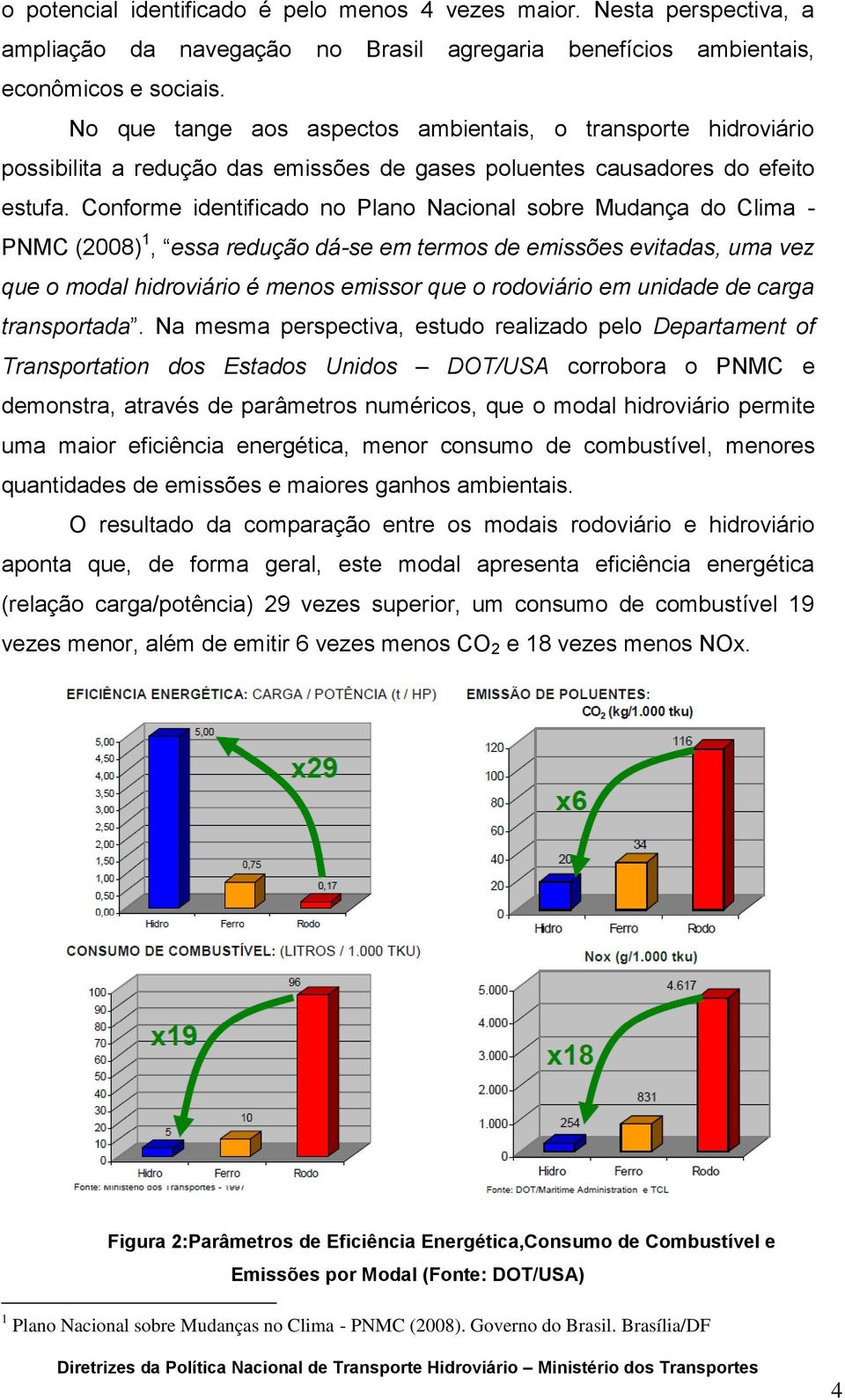 Conforme identificado no Plano Nacional sobre Mudança do Clima - PNMC (2008) 1, essa redução dá-se em termos de emissões evitadas, uma vez que o modal hidroviário é menos emissor que o rodoviário em