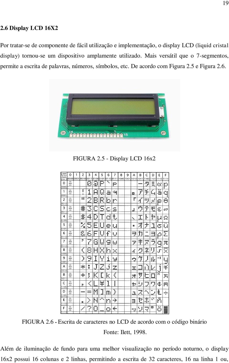 5 e Figura 2.6. FIGURA 2.5 - Display LCD 16x2 FIGURA 2.6 - Escrita de caracteres no LCD de acordo com o código binário Fonte: Ilett, 1998.