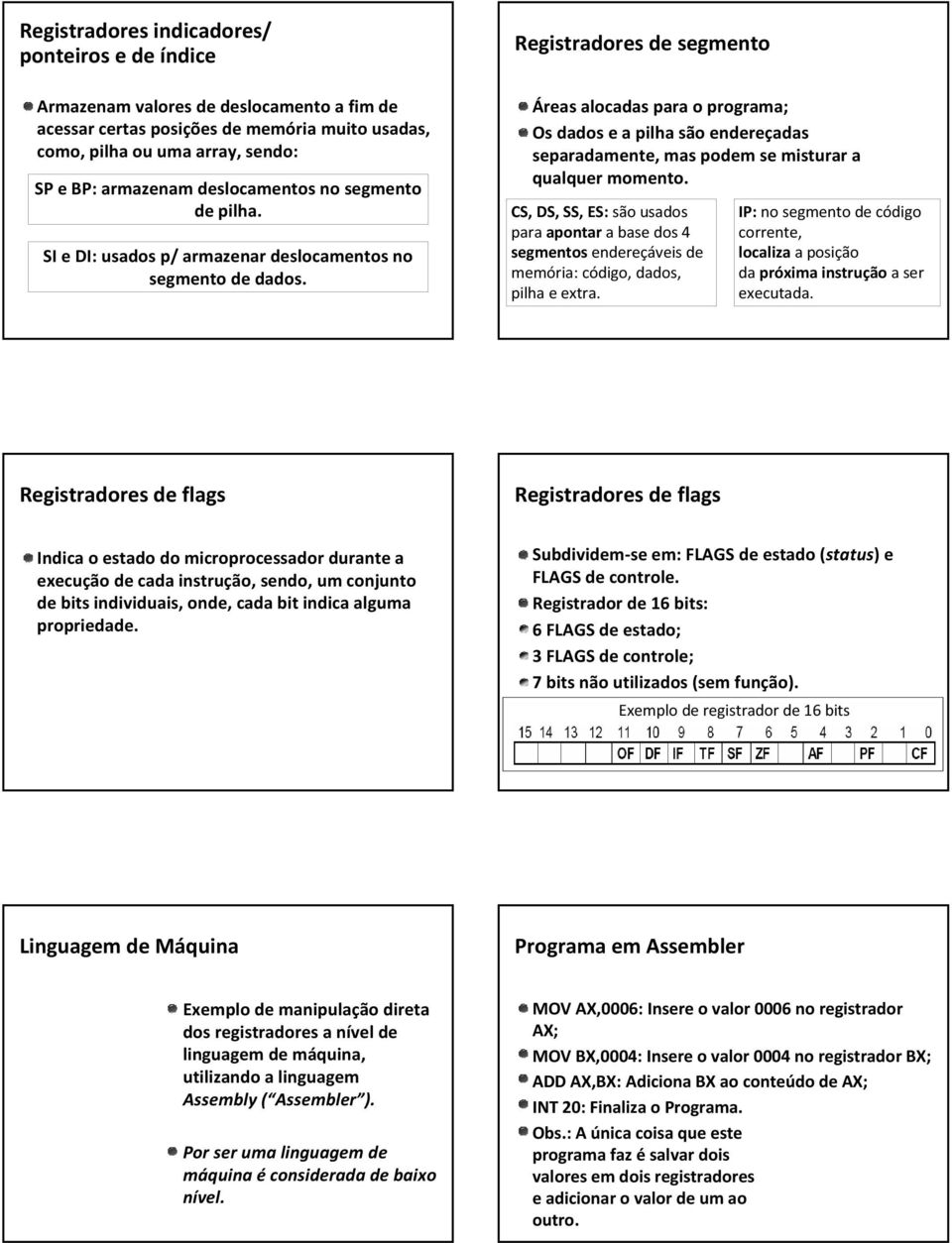 Registradores de segmento Áreas alocadas para o programa; Os dados e a pilha são endereçadas separadamente, mas podem se misturar a qualquer momento.