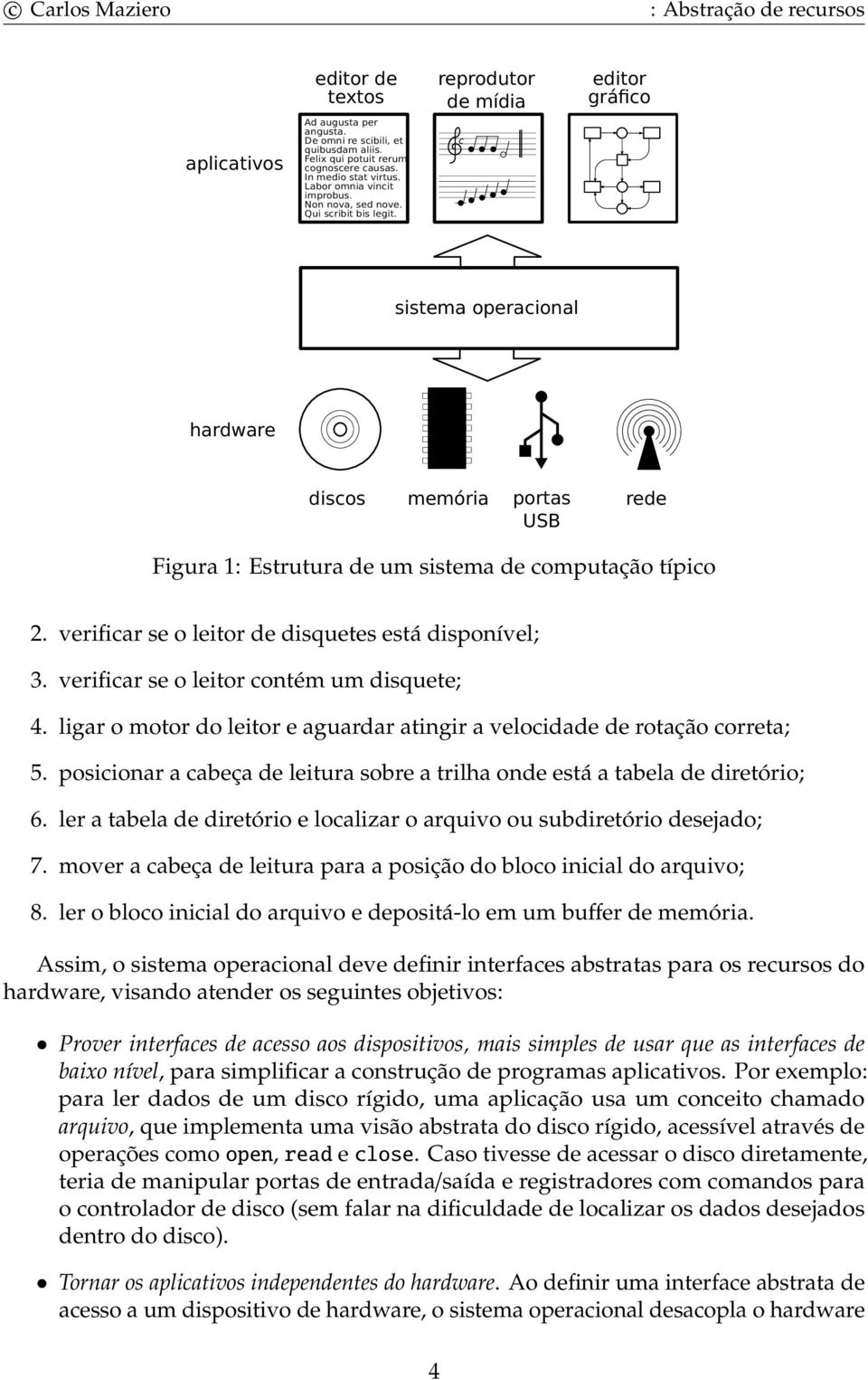 reprodutor de mídia c editor gráfico sistema operacional hardware discos memória portas USB rede Figura 1: Estrutura de um sistema de computação típico 2.