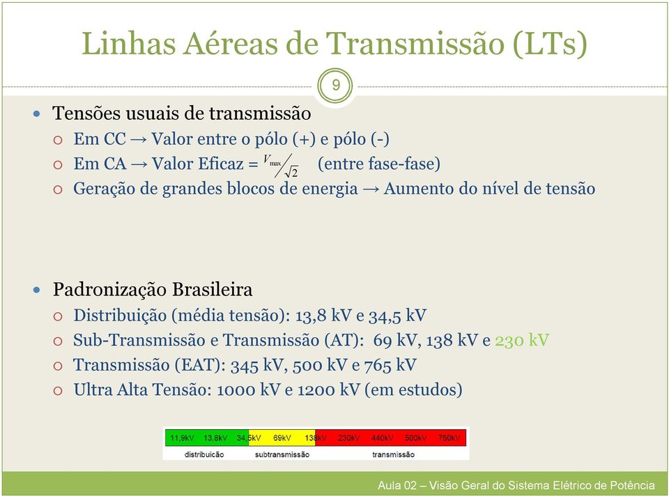 Padronização Brasileira Distribuição (média tensão): 13,8 kv e 34,5 kv Sub-Transmissão e Transmissão (AT): 69