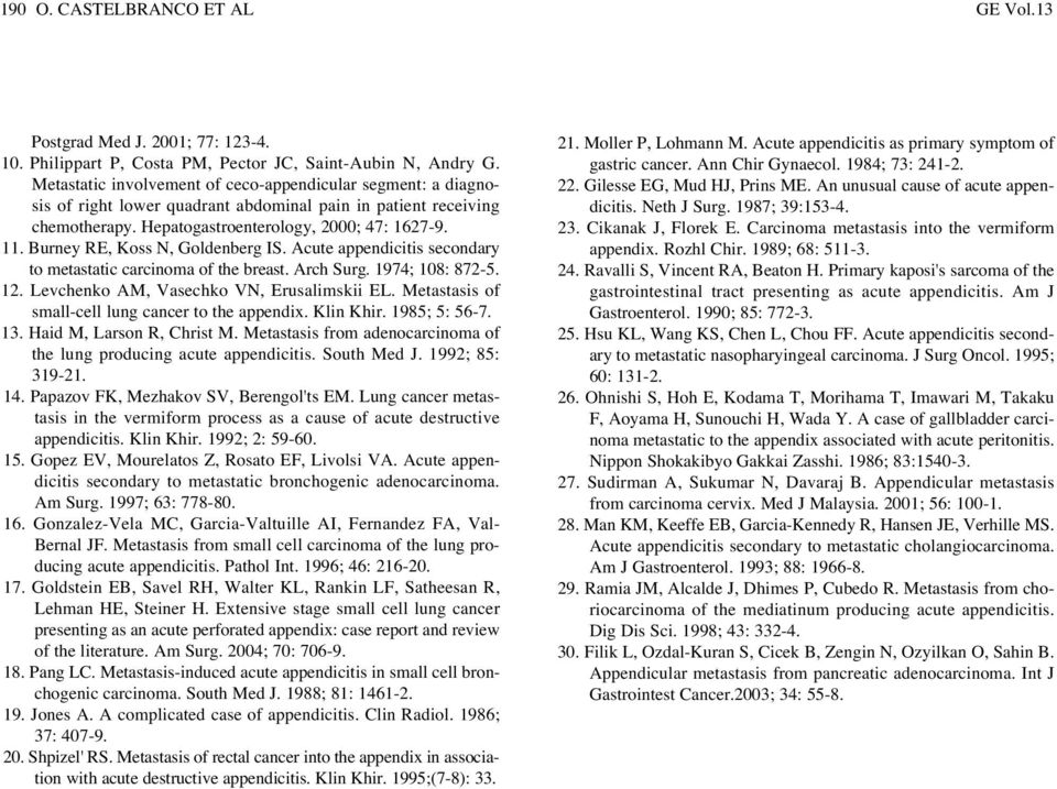 Burney RE, Koss N, Goldenberg IS. Acute appendicitis secondary to metastatic carcinoma of the breast. Arch Surg. 1974; 108: 872-5. 12. Levchenko AM, Vasechko VN, Erusalimskii EL.