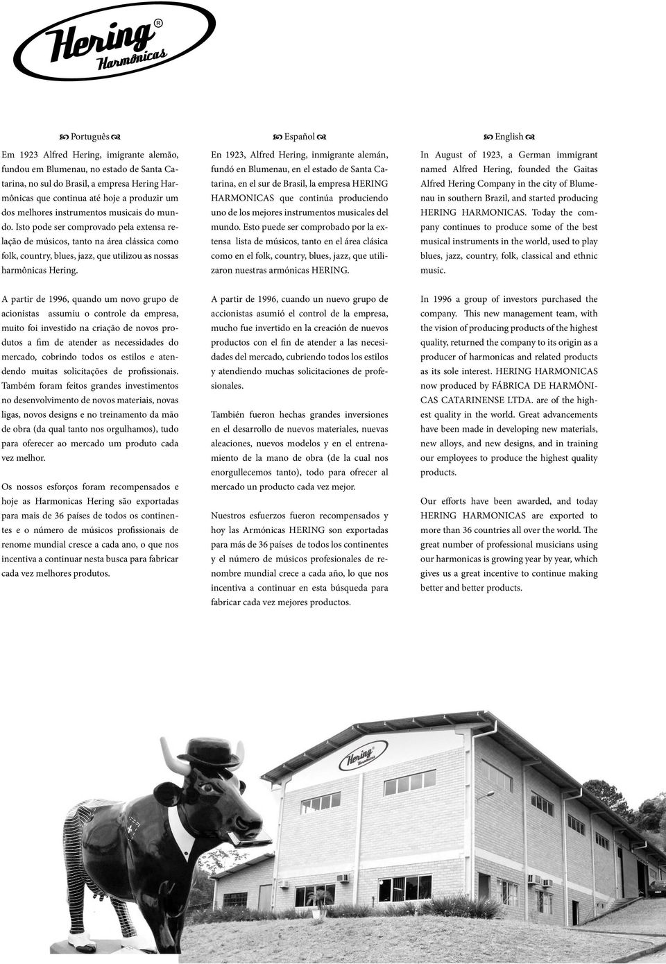 Español En 1923, Alfred Hering, inmigrante alemán, fundó en Blumenau, en el estado de Santa Catarina, en el sur de Brasil, la empresa HERING HARMONICAS que continúa produciendo uno de los mejores