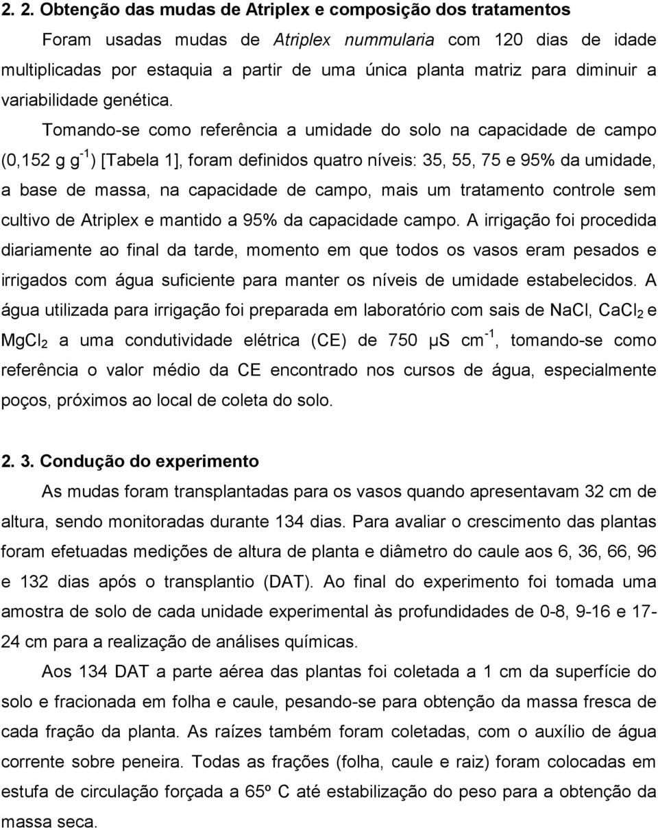 Tomando-se como referência a umidade do solo na capacidade de campo (0,152 g g -1 ) [Tabela 1], foram definidos quatro níveis: 35, 55, 75 e 95% da umidade, a base de massa, na capacidade de campo,