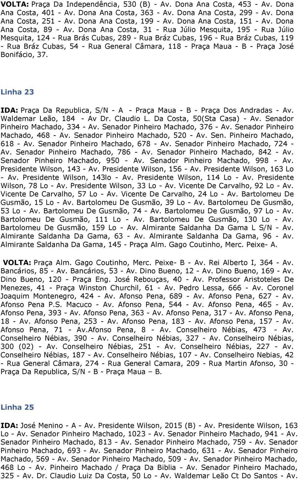 Dona Ana Costa, 31 - Rua Júlio Mesquita, 195 - Rua Júlio Mesquita, 124 - Rua Brás Cubas, 289 - Rua Bráz Cubas, 196 - Rua Bráz Cubas, 119 - Rua Bráz Cubas, 54 - Rua General Câmara, 118 - Praça Maua -