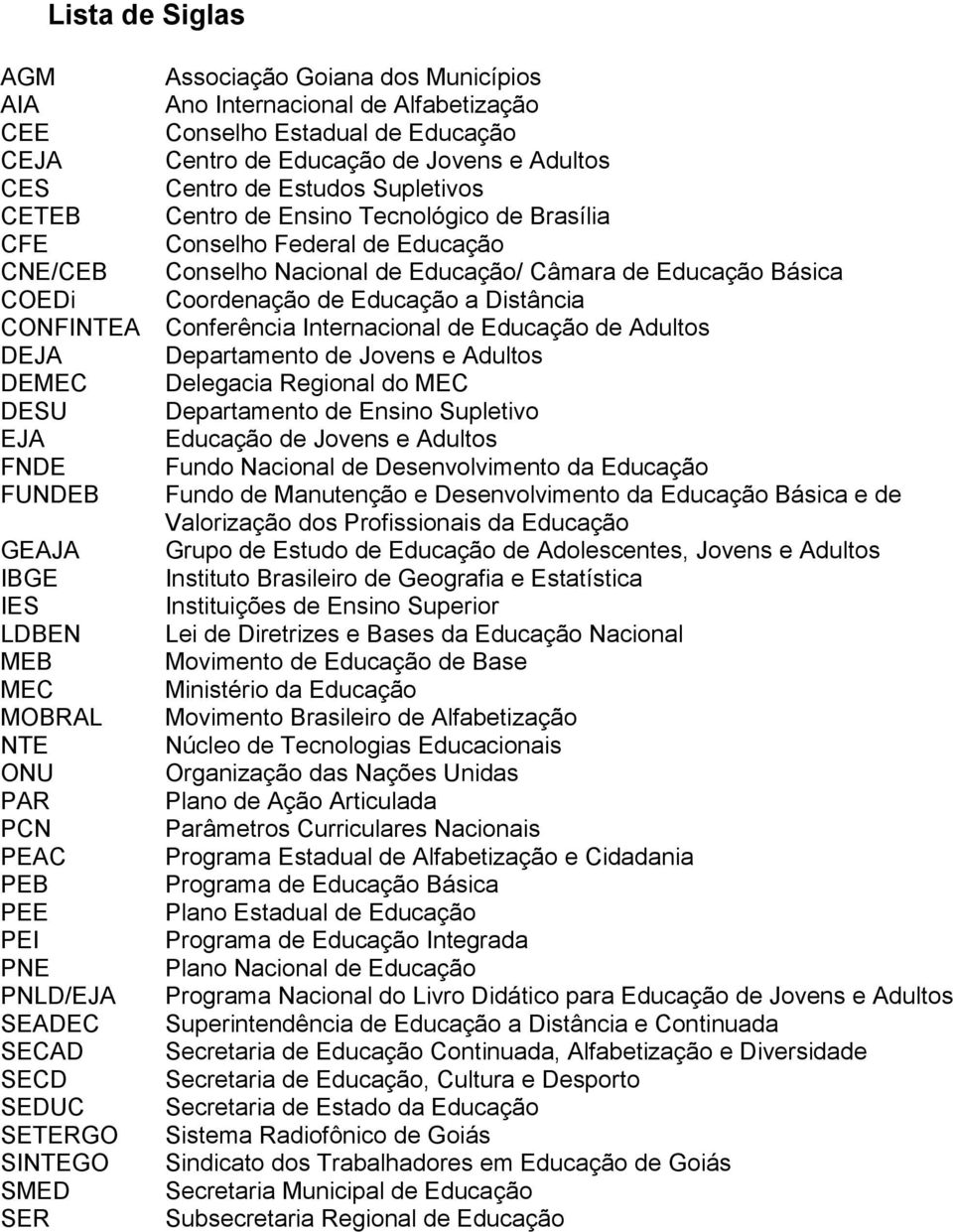 CONFINTEA Conferência Internacional de Educação de Adultos DEJA Departamento de Jovens e Adultos DEMEC Delegacia Regional do MEC DESU Departamento de Ensino Supletivo EJA Educação de Jovens e Adultos