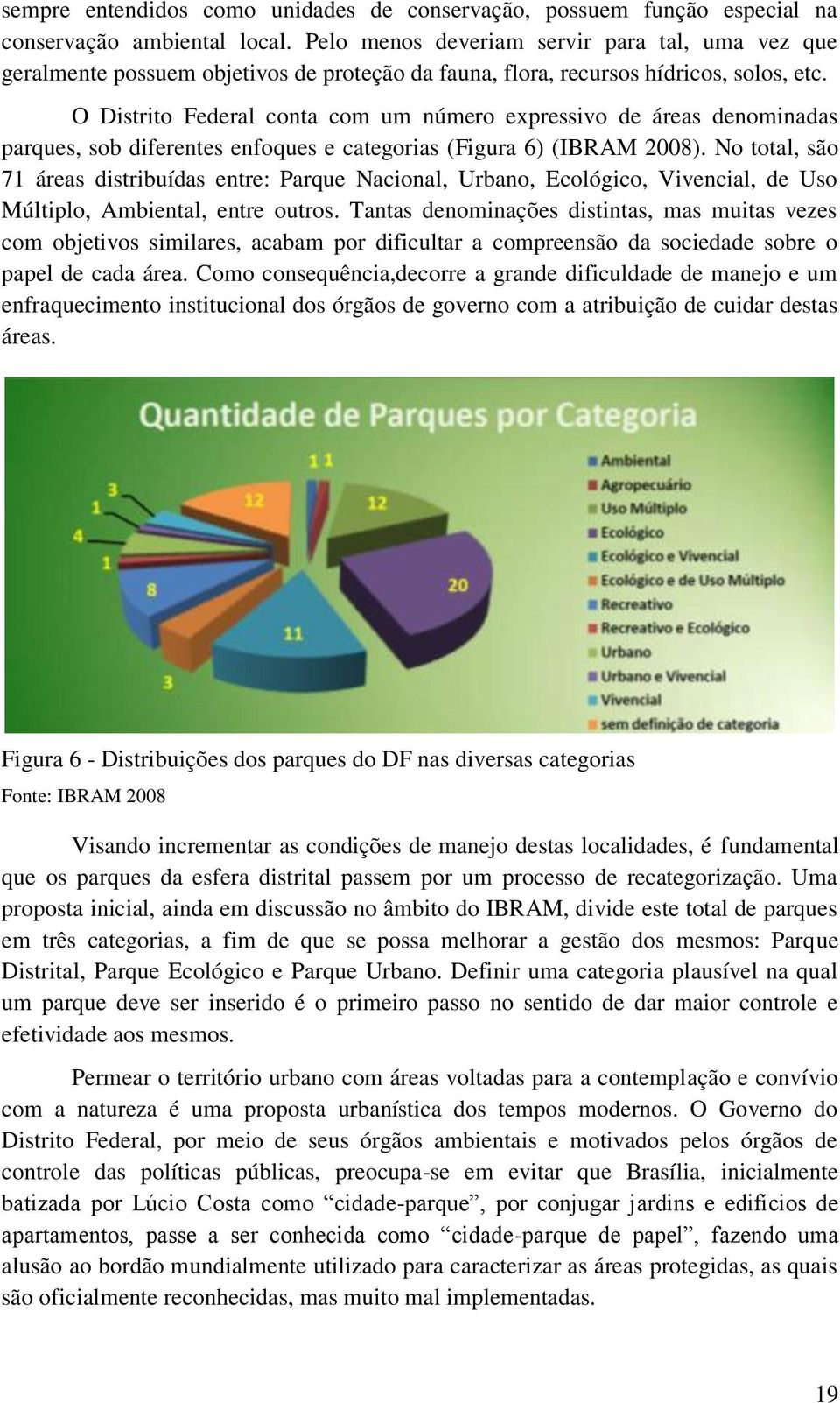 O Distrito Federal conta com um número expressivo de áreas denominadas parques, sob diferentes enfoques e categorias (Figura 6) (IBRAM 2008).