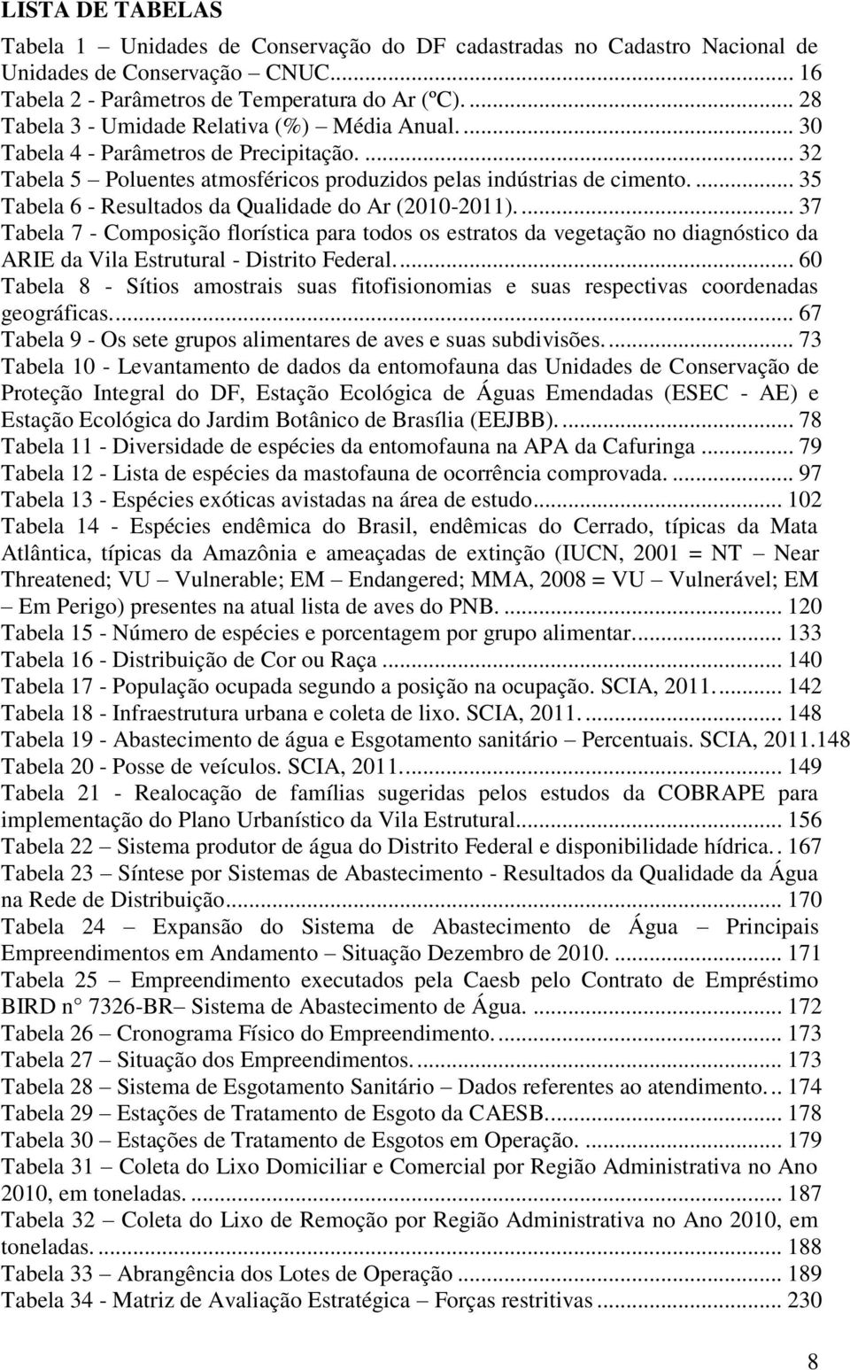 ... 35 Tabela 6 - Resultados da Qualidade do Ar (2010-2011).... 37 Tabela 7 - Composição florística para todos os estratos da vegetação no diagnóstico da ARIE da Vila Estrutural - Distrito Federal.