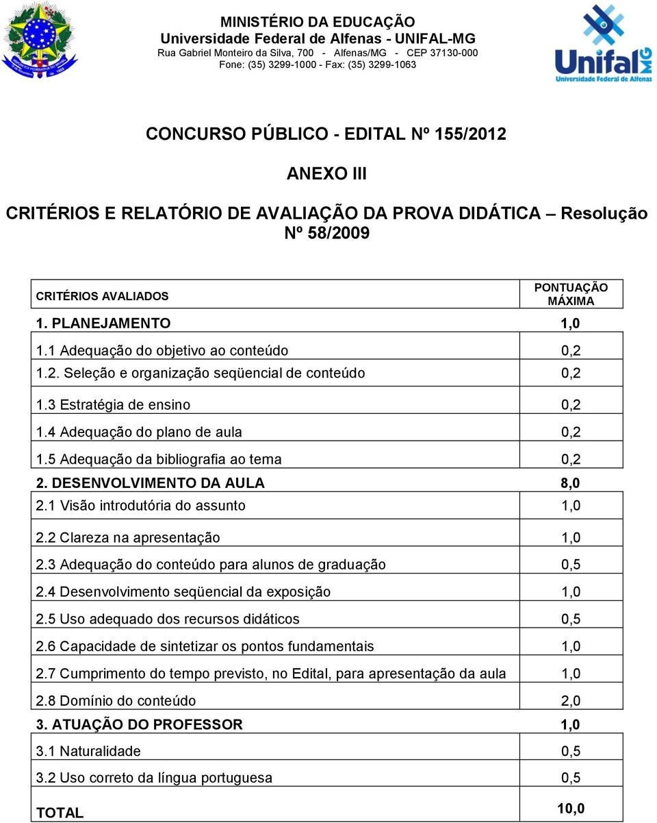 3 Estratégia de ensino 0,2 1.4 Adequação do plano de aula 0,2 1.5 Adequação da bibliografia ao tema 0,2 2. DESENVOLVIMENTO DA AULA 8,0 2.1 Visão introdutória do assunto 1,0 2.