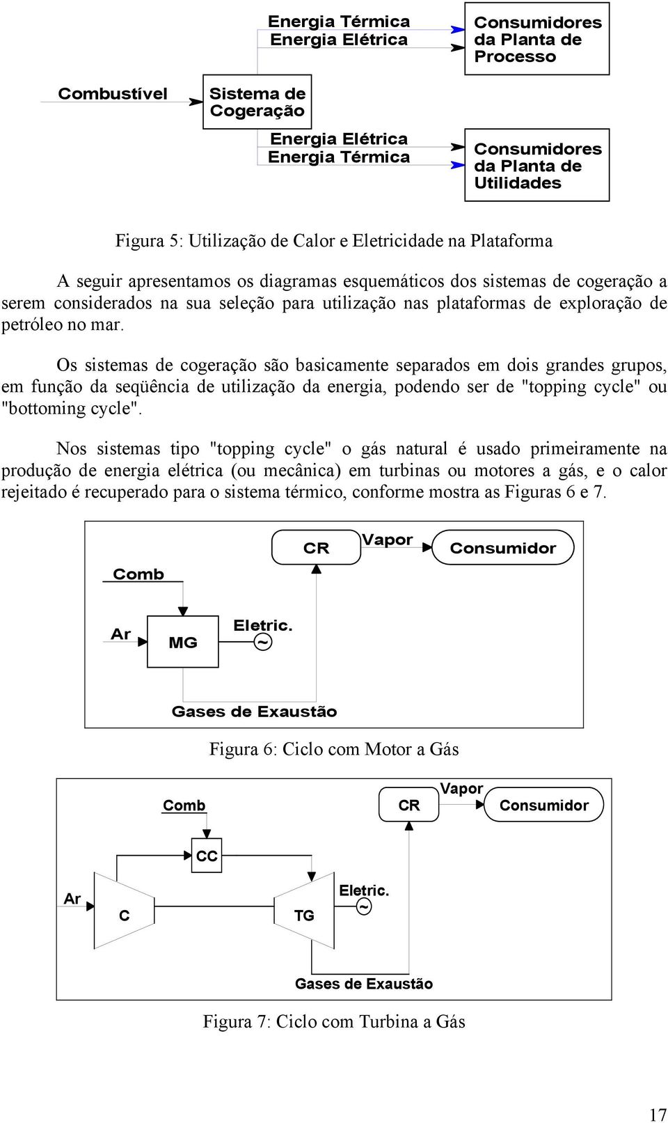 petróleo no mar. Os sistemas de cogeração são basicamente separados em dois grandes grupos, em função da seqüência de utilização da energia, podendo ser de "topping cycle" ou "bottoming cycle".