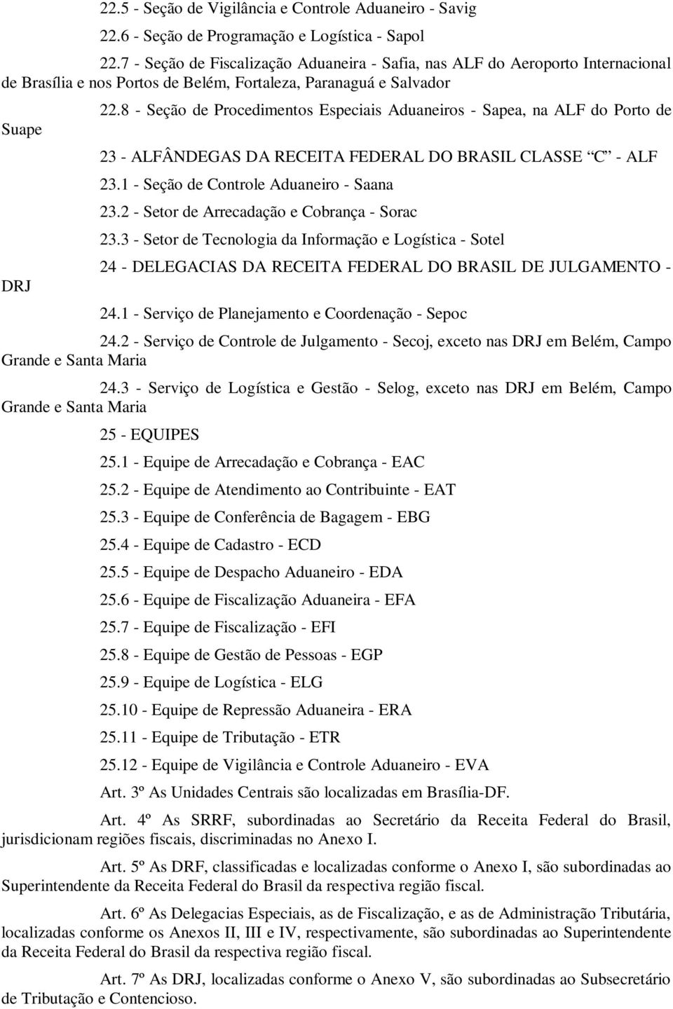 8 - Seção de Procedimentos Especiais Aduaneiros - Sapea, na ALF do Porto de 23 - ALFÂNDEGAS DA RECEITA FEDERAL DO BRASIL CLASSE C - ALF 23.1 - Seção de Controle Aduaneiro - Saana 23.