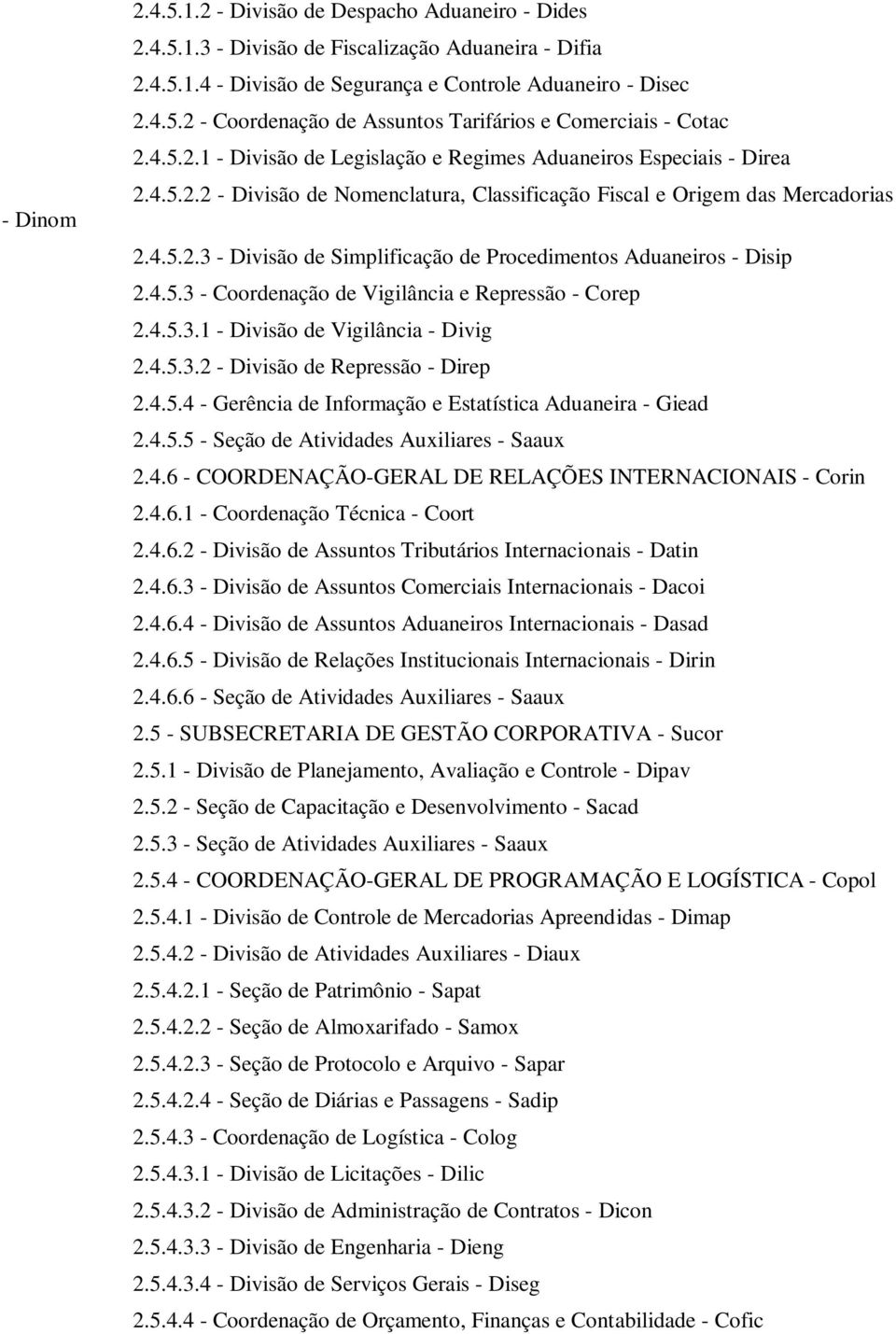 4.5.3 - Coordenação de Vigilância e Repressão - Corep 2.4.5.3.1 - Divisão de Vigilância - Divig 2.4.5.3.2 - Divisão de Repressão - Direp 2.4.5.4 - Gerência de Informação e Estatística Aduaneira - Giead 2.