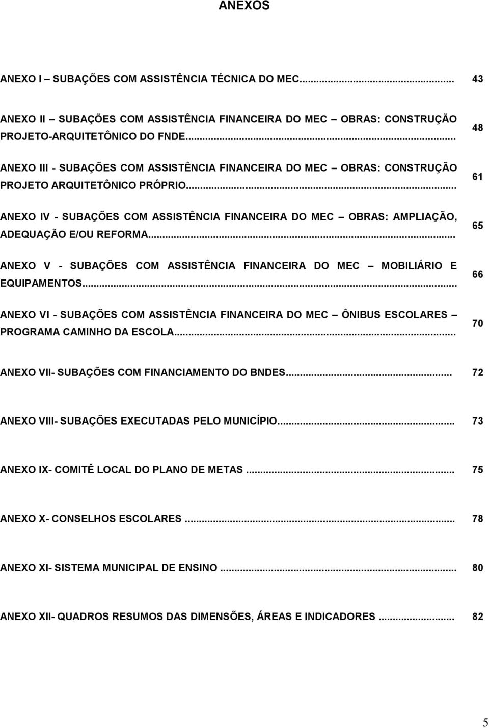 .. 61 ANEXO IV - SUBAÇÕES COM ASSISTÊNCIA FINANCEIRA DO MEC OBRAS: AMPLIAÇÃO, ADEQUAÇÃO E/OU REFORMA... 65 ANEXO V - SUBAÇÕES COM ASSISTÊNCIA FINANCEIRA DO MEC MOBILIÁRIO E EQUIPAMENTOS.