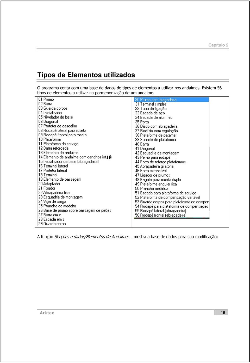 Existem 56 tipos de elementos a utilizar na pormenorização de um andaime.