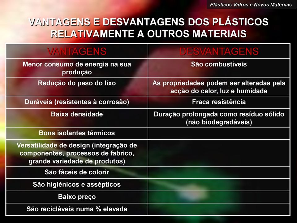 resistência Baixa densidade Bons isolantes térmicos Duração prolongada como resíduo sólido (não biodegradáveis) Versatilidade de design (integração