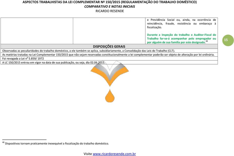 48 DISPOSIÇÕES GERAIS Observadas as peculiaridades do trabalho doméstico, a ele também se aplica, subsidiariamente, a Consolidação das Leis do Trabalho (CLT).