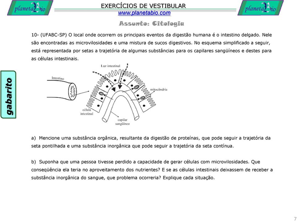 a) Mencione uma substância orgânica, resultante da digestão de proteínas, que pode seguir a trajetória da seta pontilhada e uma substância inorgânica que pode seguir a trajetória da seta contínua.