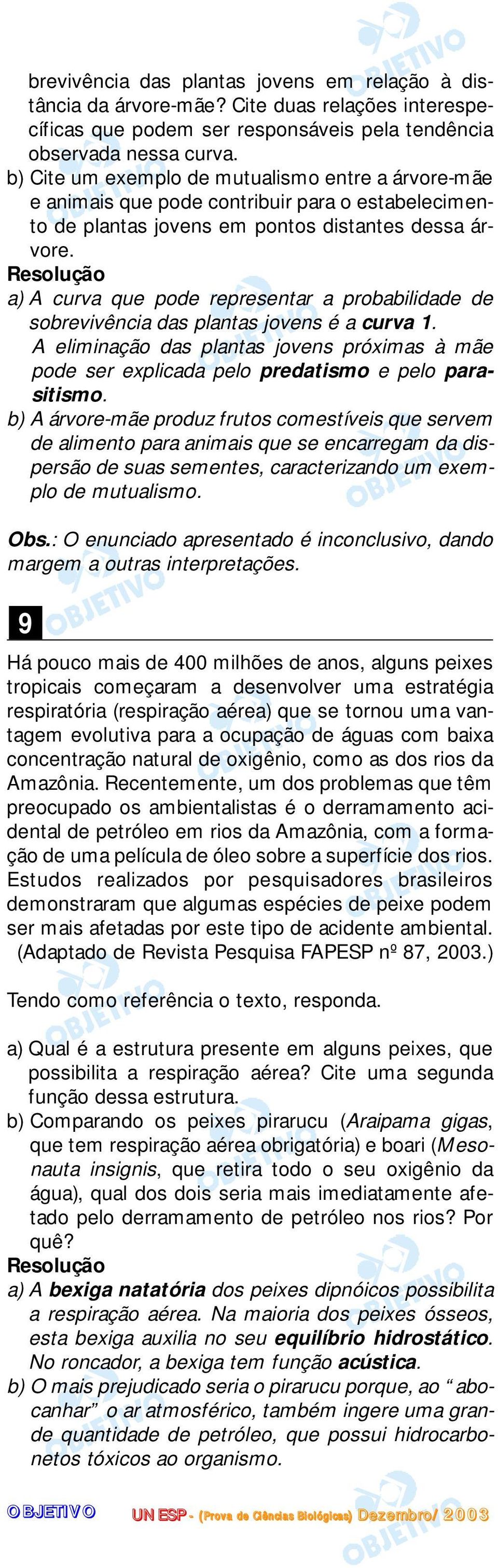 a) A curva que pode representar a probabilidade de sobrevivência das plantas jovens é a curva 1. A eliminação das plantas jovens próximas à mãe pode ser explicada pelo predatismo e pelo parasitismo.