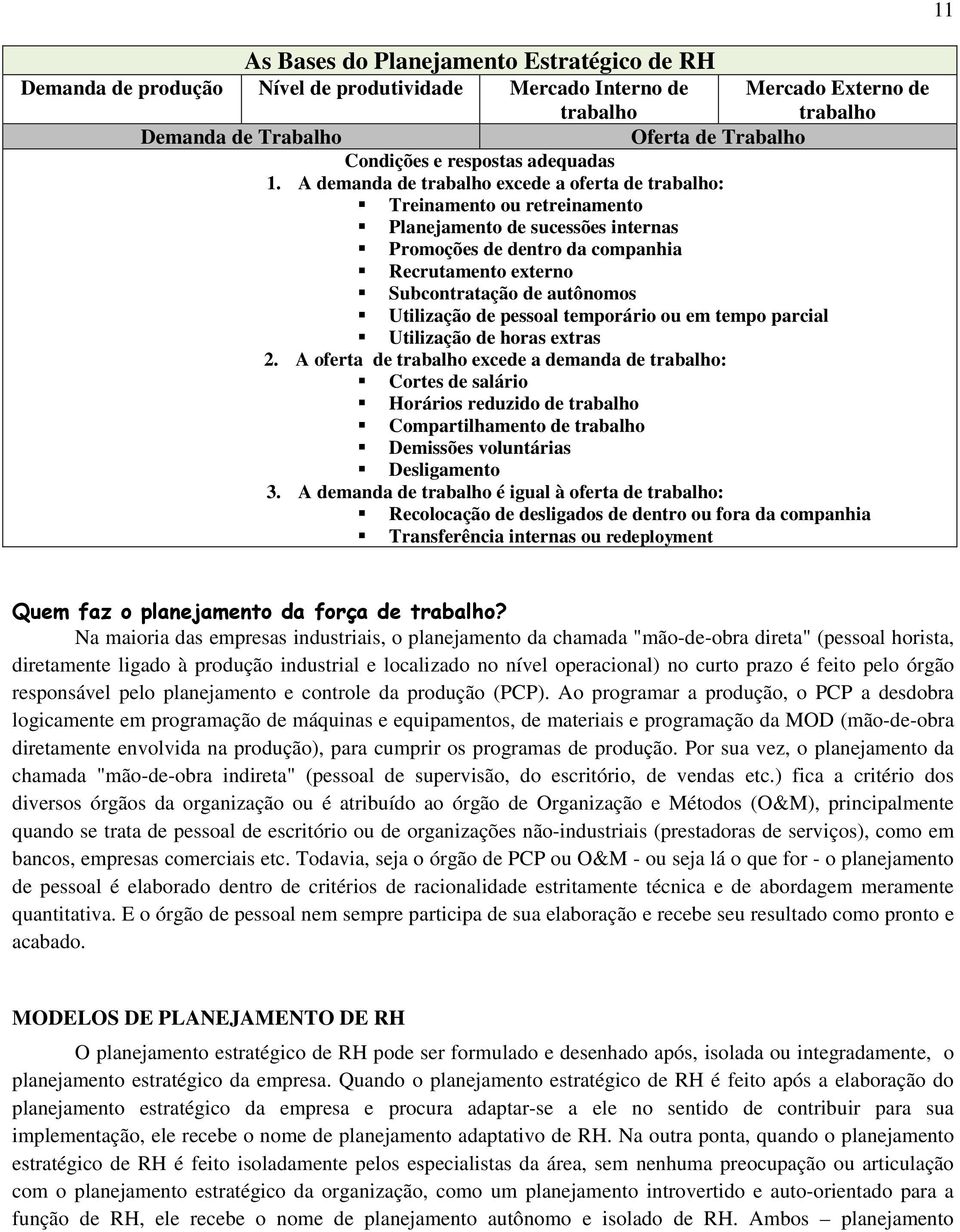 A demanda de trabalho excede a oferta de trabalho: Treinamento ou retreinamento Planejamento de sucessões internas Promoções de dentro da companhia Recrutamento externo Subcontratação de autônomos