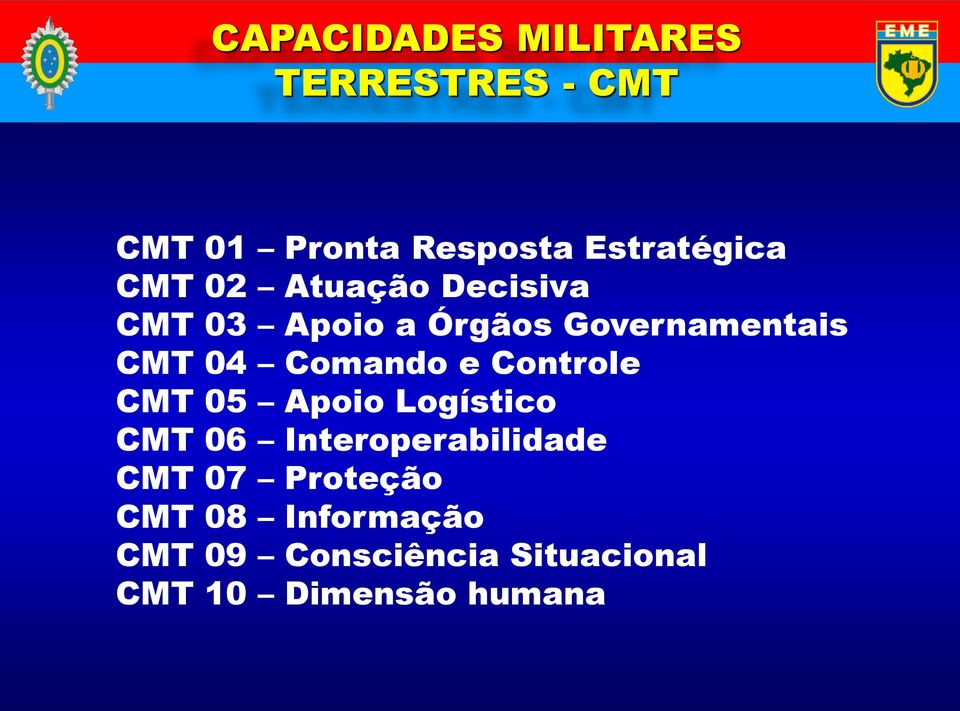 Comando e Controle CMT 05 Apoio Logístico CMT 06 Interoperabilidade CMT 07