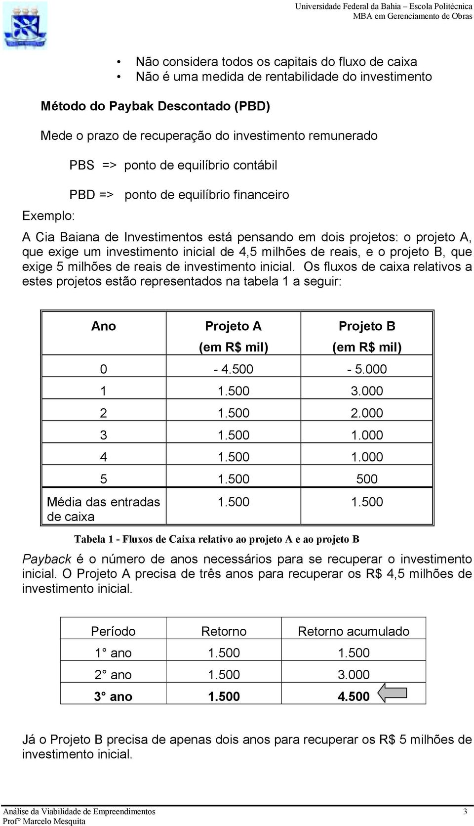 de reais, e o projeto B, que exige 5 milhões de reais de investimento inicial.