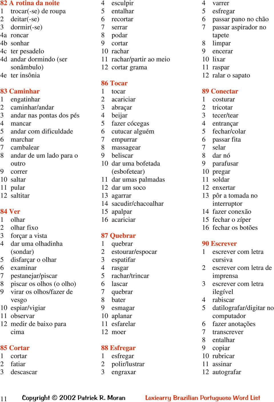 4 dar uma olhadinha (sondar) 5 disfarçar o olhar 6 examinar 7 pestanejar/piscar 8 piscar os olhos (o olho) 9 virar os olhos/fazer de vesgo 10 espiar/vigiar 11 observar 12 medir de baixo para cima 85