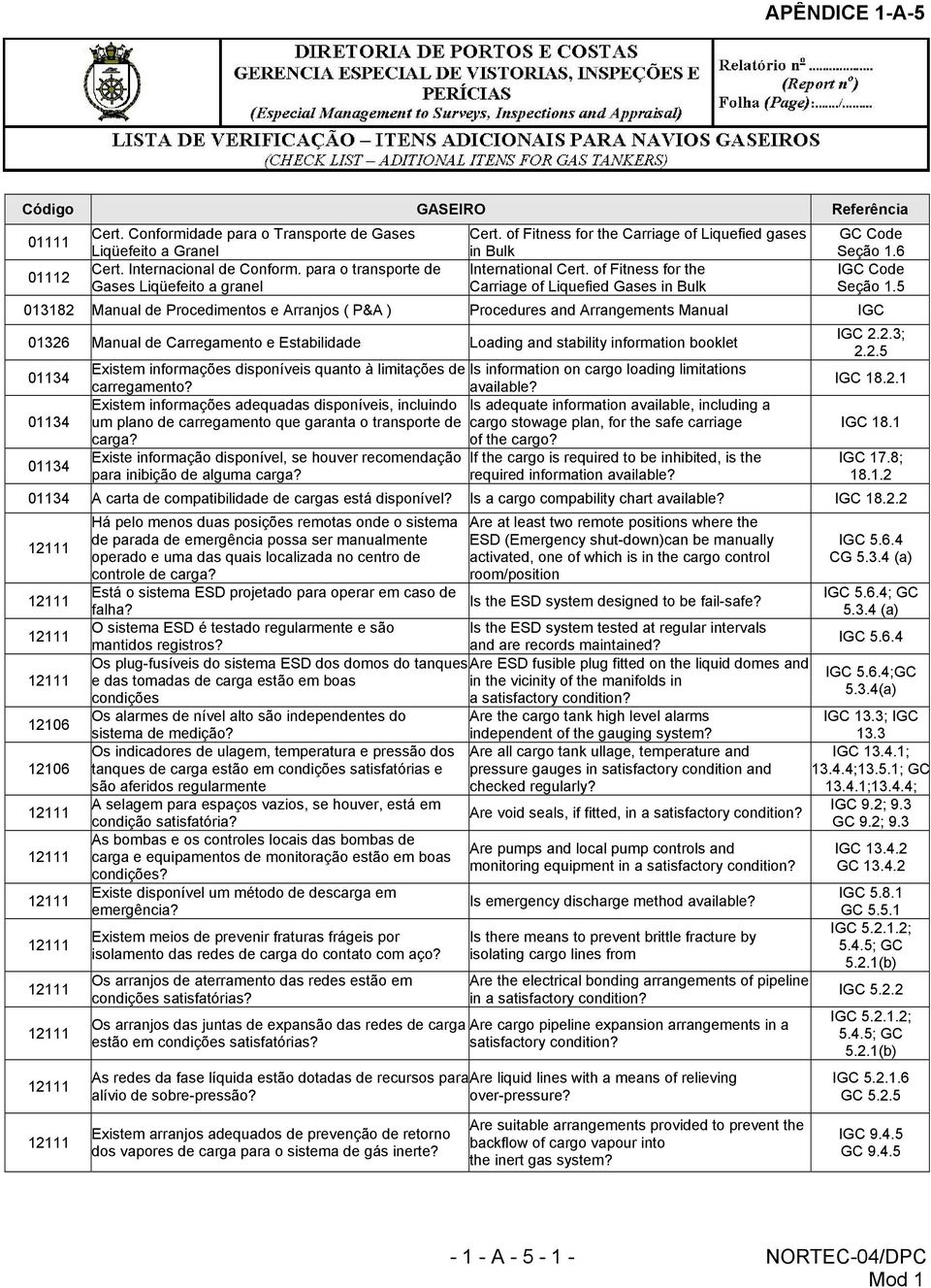 5 013182 Manual de Procedimentos e Arranjos ( P&A ) Procedures and Arrangements Manual IGC 01326 Manual de Carregamento e Estabilidade Loading and stability information booklet IGC 2.2.3; 2.2.5 Existem informações disponíveis quanto à limitações de Is information on cargo loading limitations IGC 18.