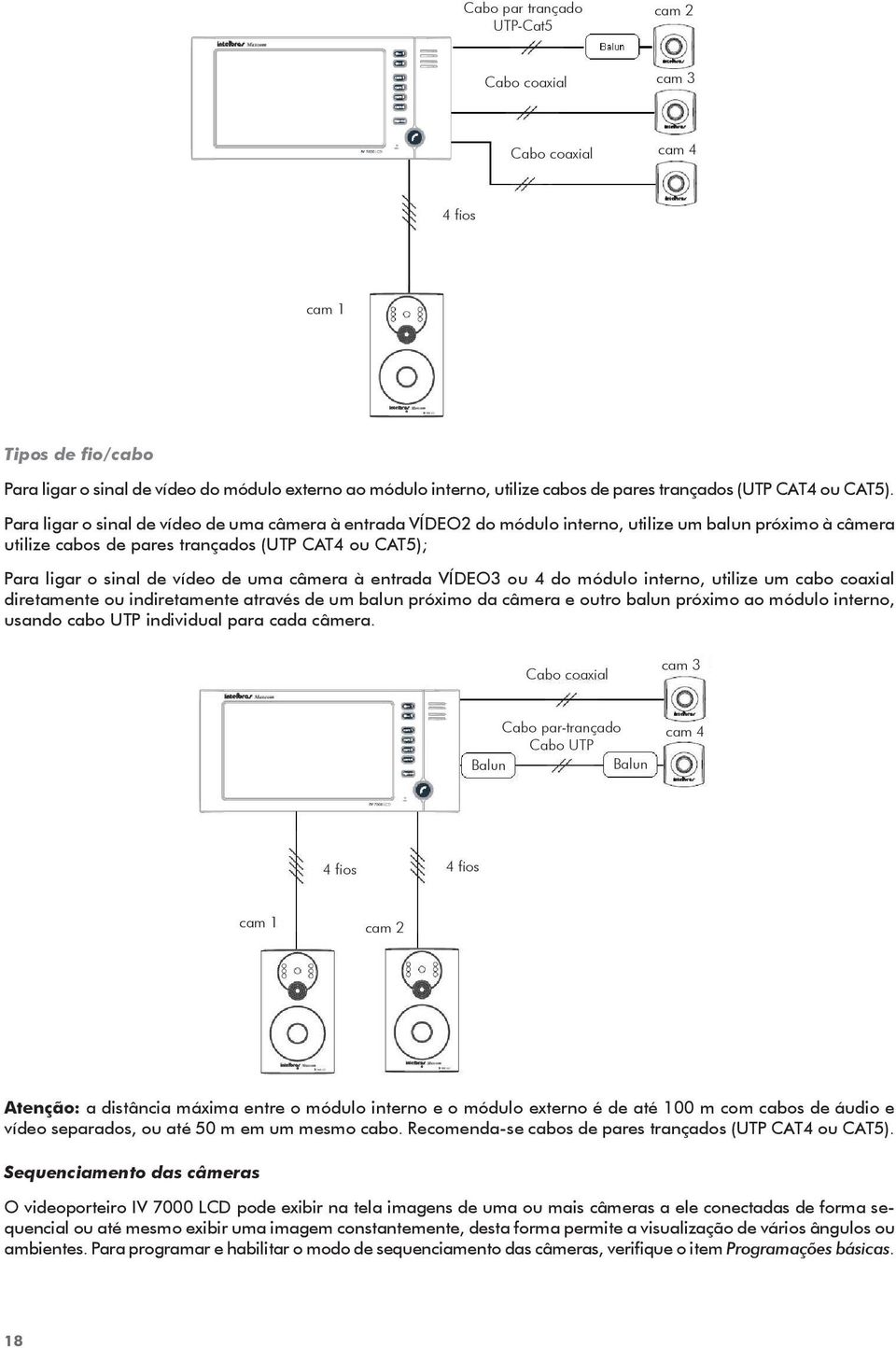 Para ligar o sinal de vídeo de uma câmera à entrada VÍDEO2 do módulo interno, utilize um balun próximo à câmera utilize cabos de pares trançados (UTP CAT4 ou CAT5); Para ligar o sinal de vídeo de uma