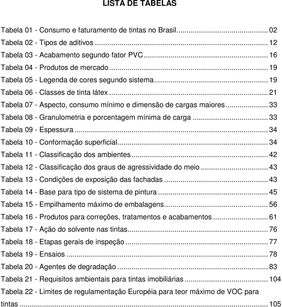 .. 33 Tabela 08 - Granulometria e porcentagem mínima de carga... 33 Tabela 09 - Espessura... 34 Tabela 10 - Conformação superficial... 34 Tabela 11 - Classificação dos ambientes.